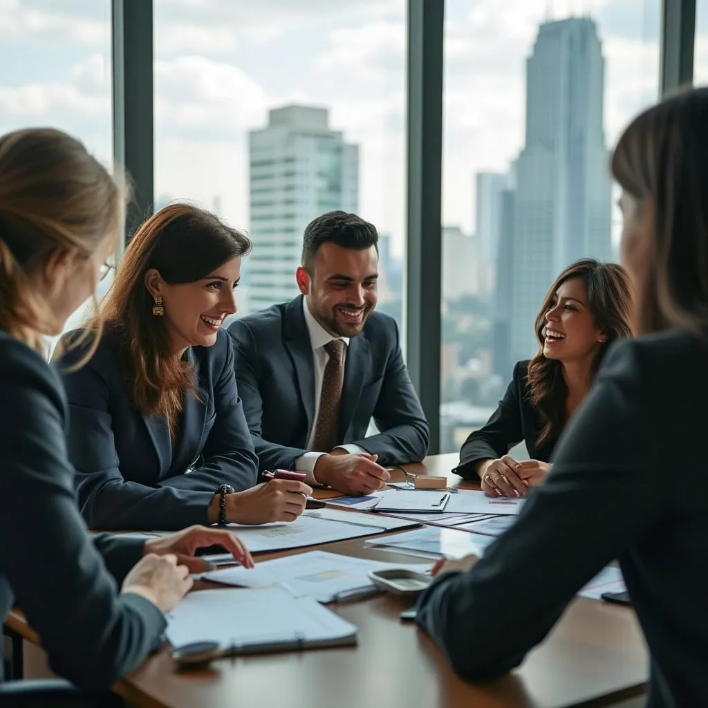 Equipo de consultores financieros discutiendo estrategias en una oficina moderna.